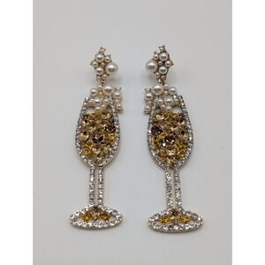 White & Yellow Rhinestone Gold Tone Faux Pearl Champagne Glass Dangle Earrings